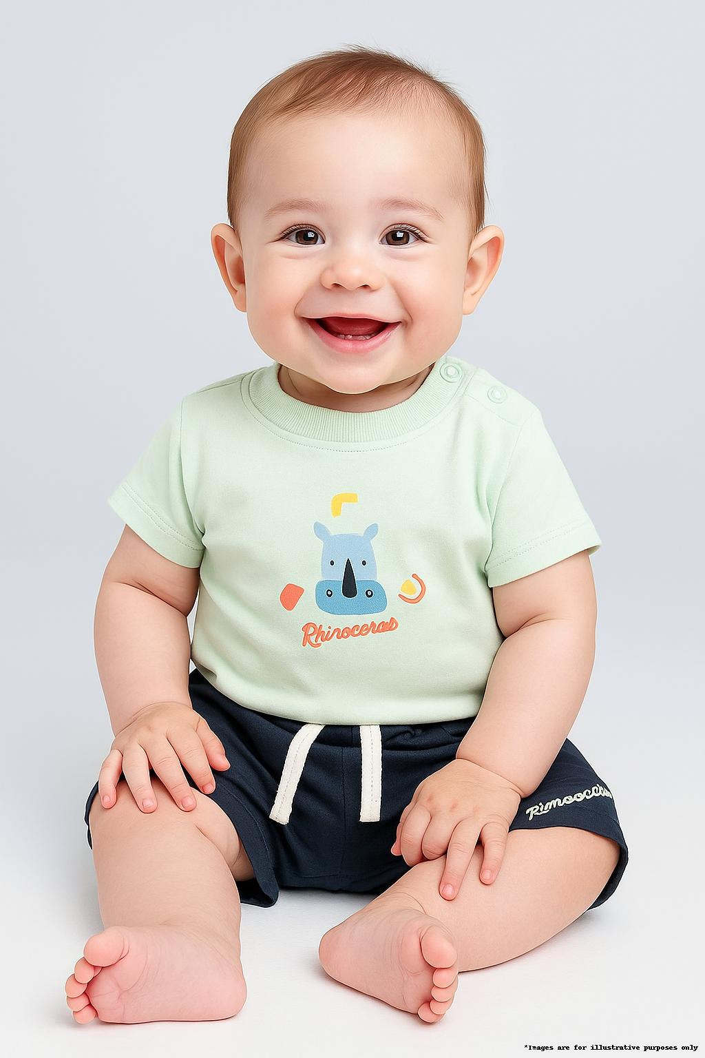 "Baby Boys’ Mint Green Rhinoceros Print T-Shirt & Navy Shorts Set"