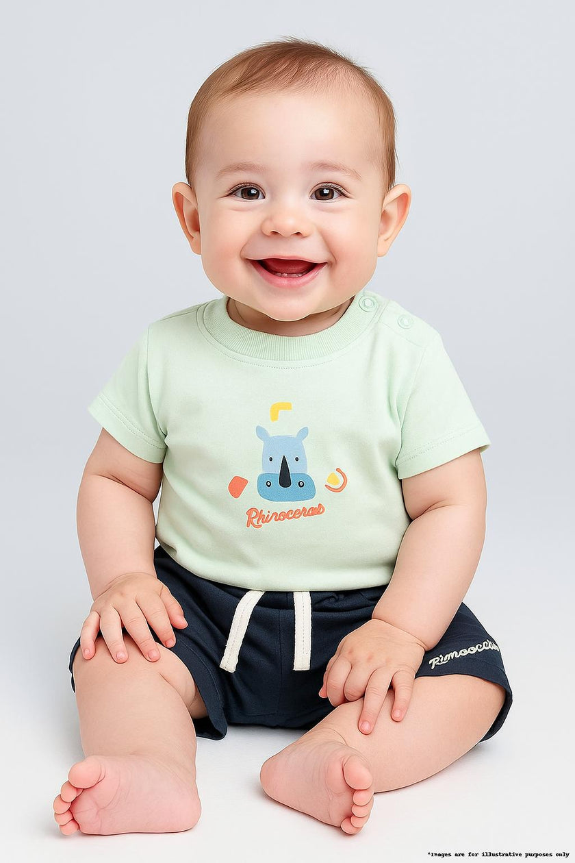 "Baby Boys’ Mint Green Rhinoceros Print T-Shirt & Navy Shorts Set"