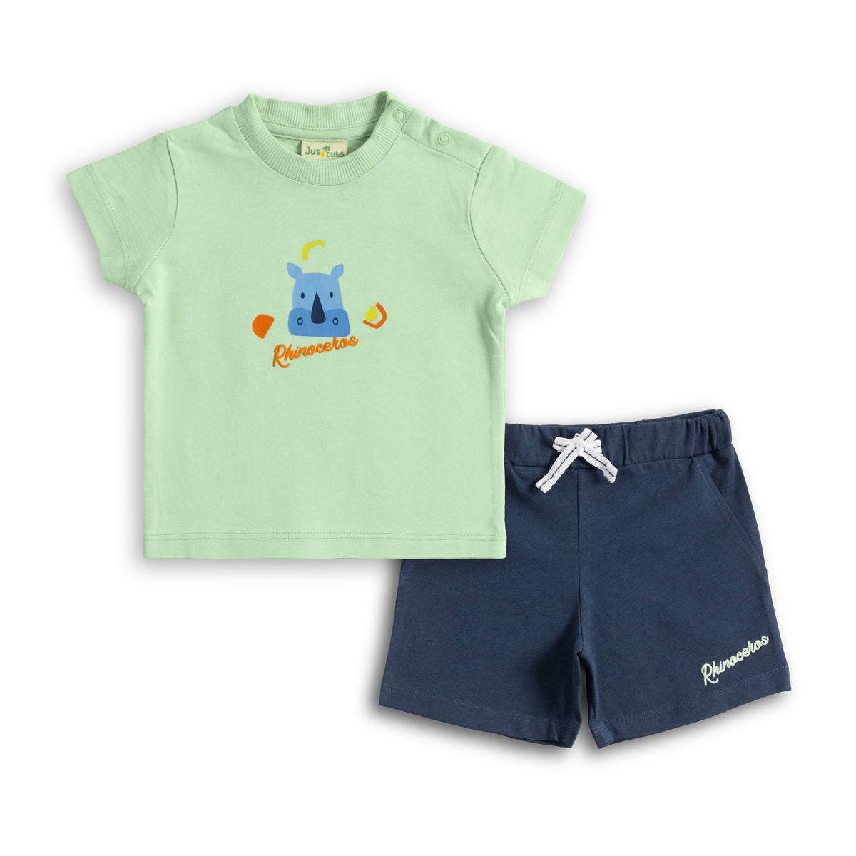JusCubs Baby Boys Rhino Print T-Shirt & Shorts Co-Ord Set – Green & Navy Blue