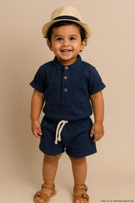 “Boys Cotton Muslin Mandarin Collar Shirt & Shorts Set – Navy Blue”