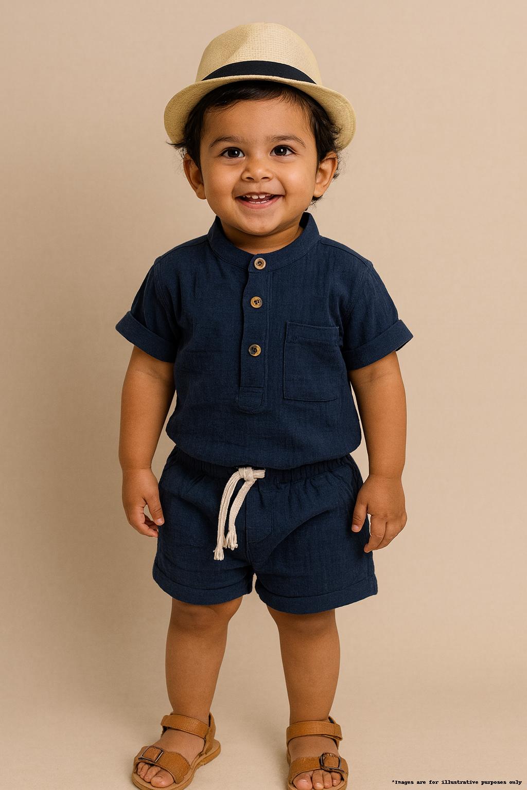 “Boys Cotton Muslin Mandarin Collar Shirt & Shorts Set – Navy Blue”