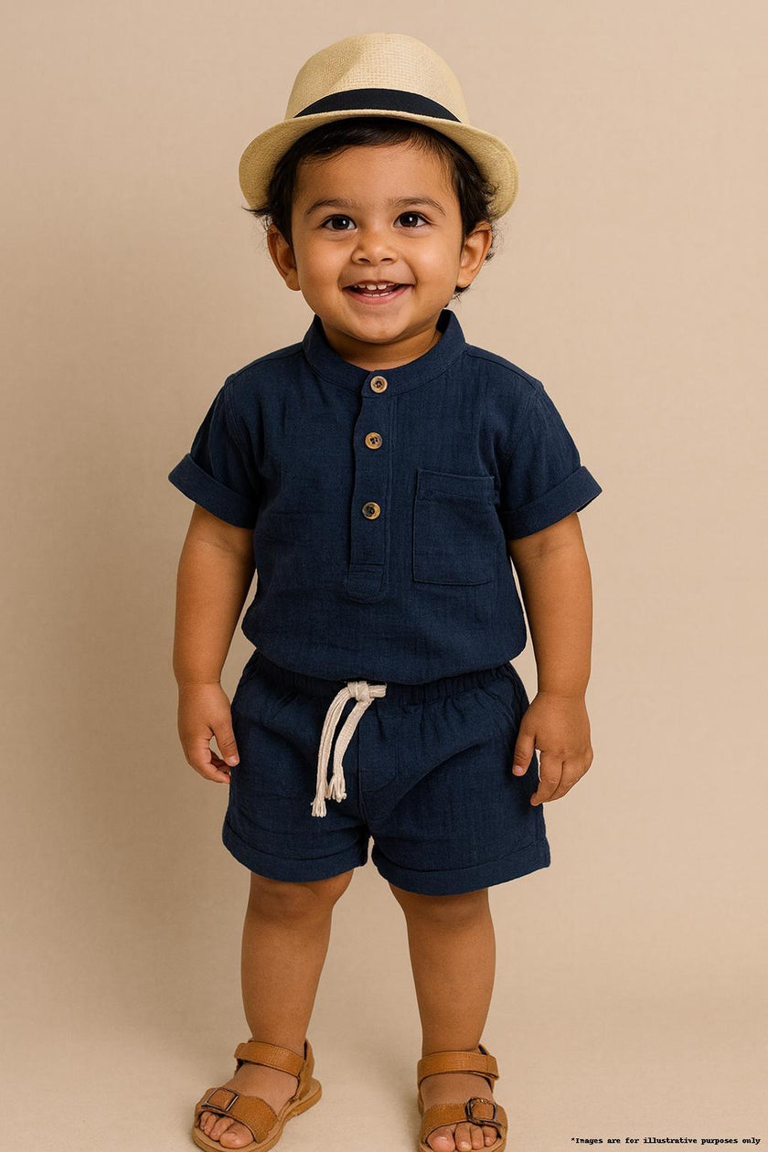 “Boys Cotton Muslin Mandarin Collar Shirt & Shorts Set – Navy Blue”