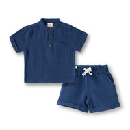 “Boys Cotton Muslin Mandarin Collar Shirt & Shorts Set – Navy Blue”