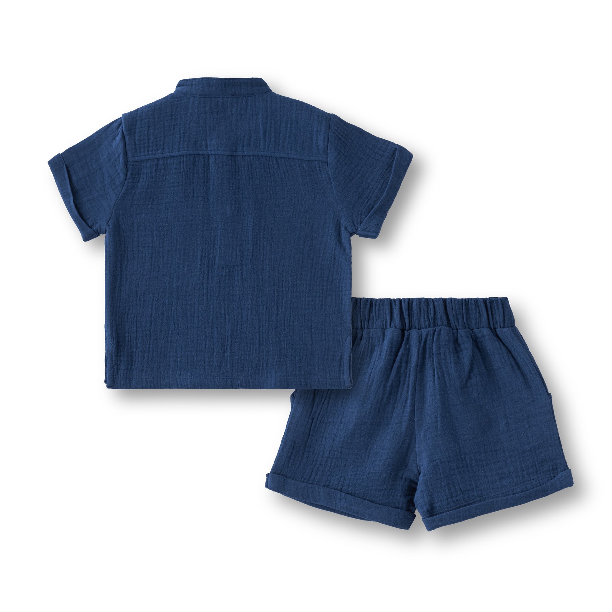 “Boys Cotton Muslin Mandarin Collar Shirt & Shorts Set – Navy Blue”