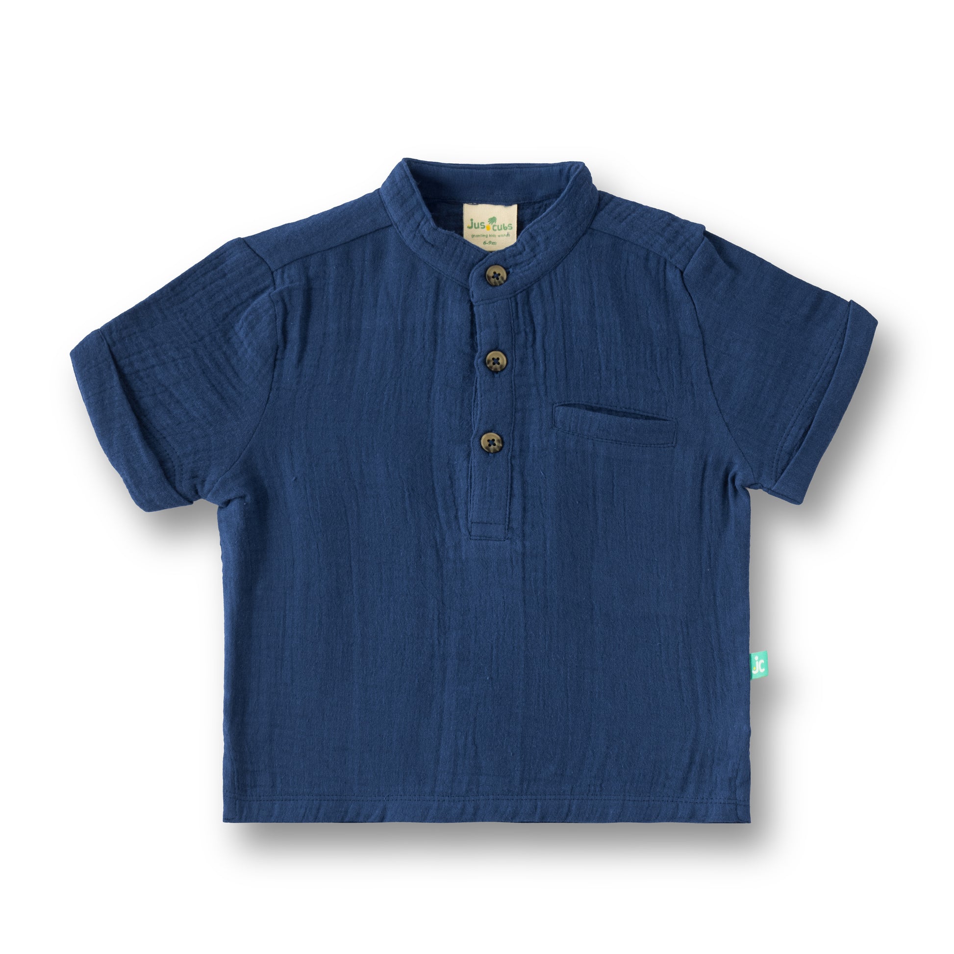 “Boys Cotton Muslin Mandarin Collar Shirt & Shorts Set – Navy Blue”