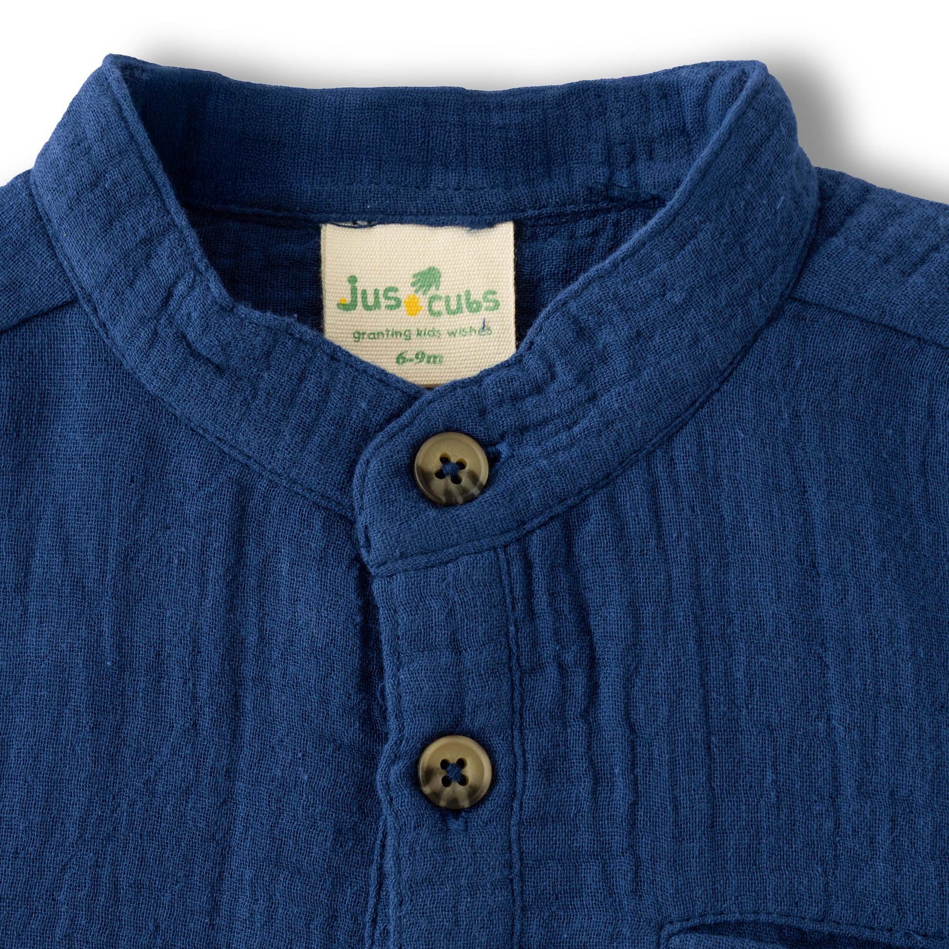 “Boys Cotton Muslin Mandarin Collar Shirt & Shorts Set – Navy Blue”