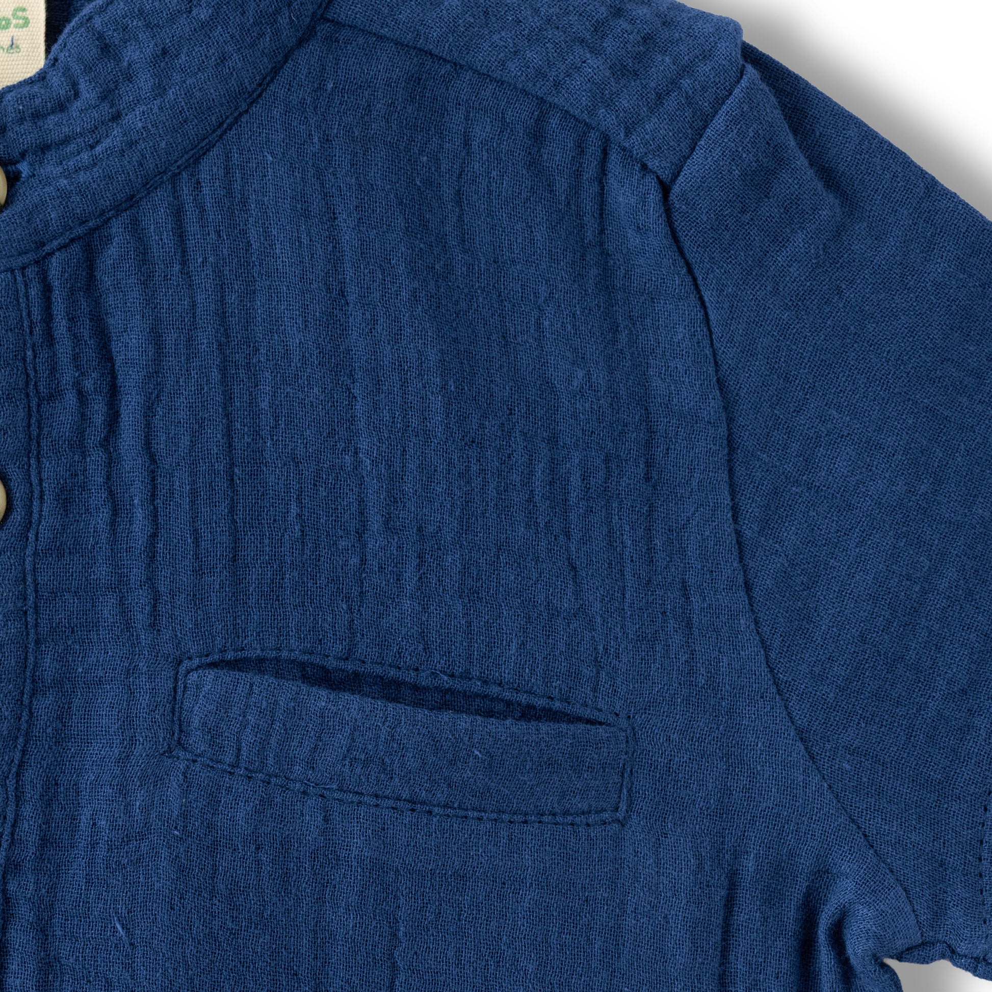 “Boys Cotton Muslin Mandarin Collar Shirt & Shorts Set – Navy Blue”