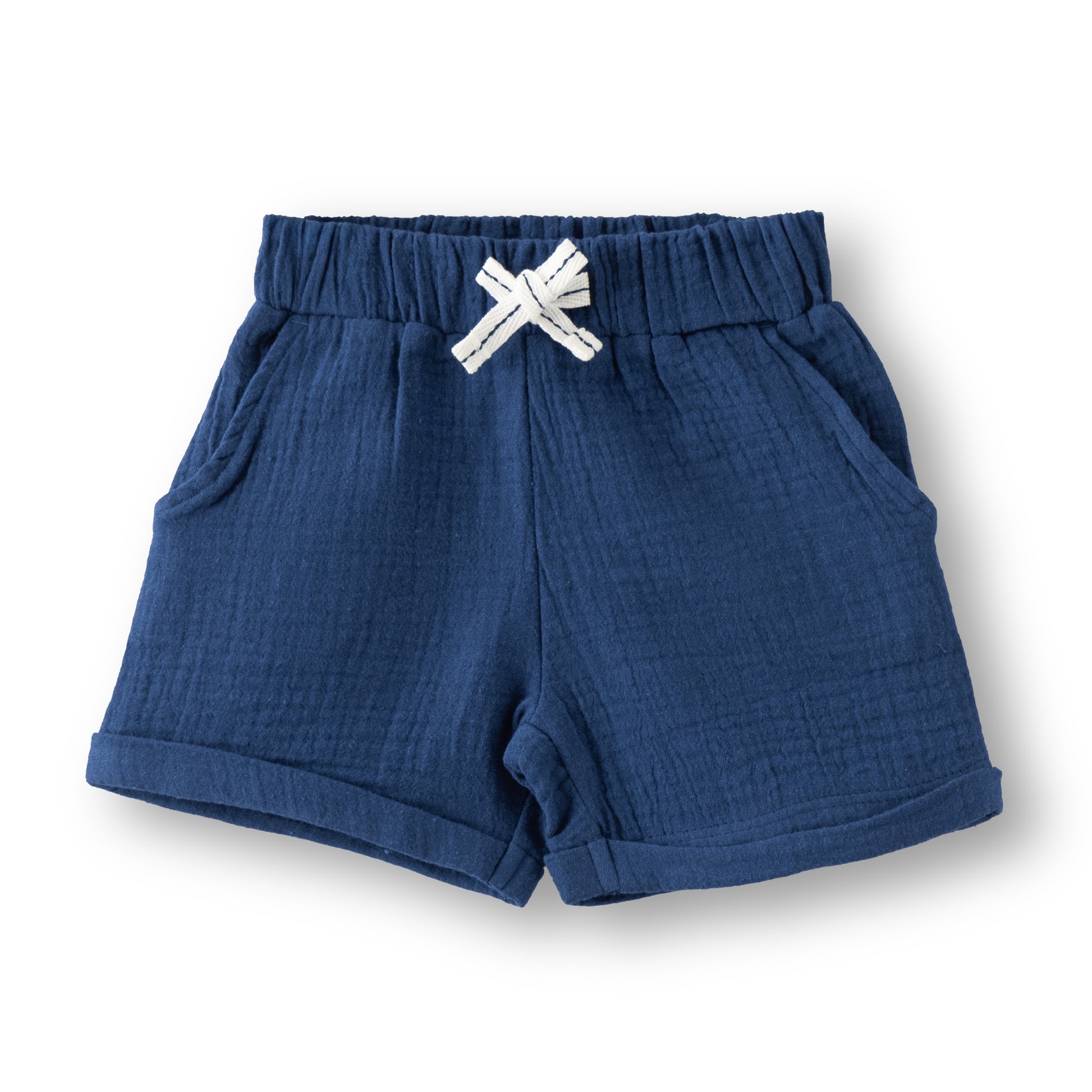 “Boys Cotton Muslin Mandarin Collar Shirt & Shorts Set – Navy Blue”