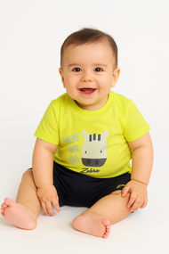 “Baby Boys Cotton T-Shirt & Shorts Set – Neon Green Zebra Print Top with Navy Bottoms”