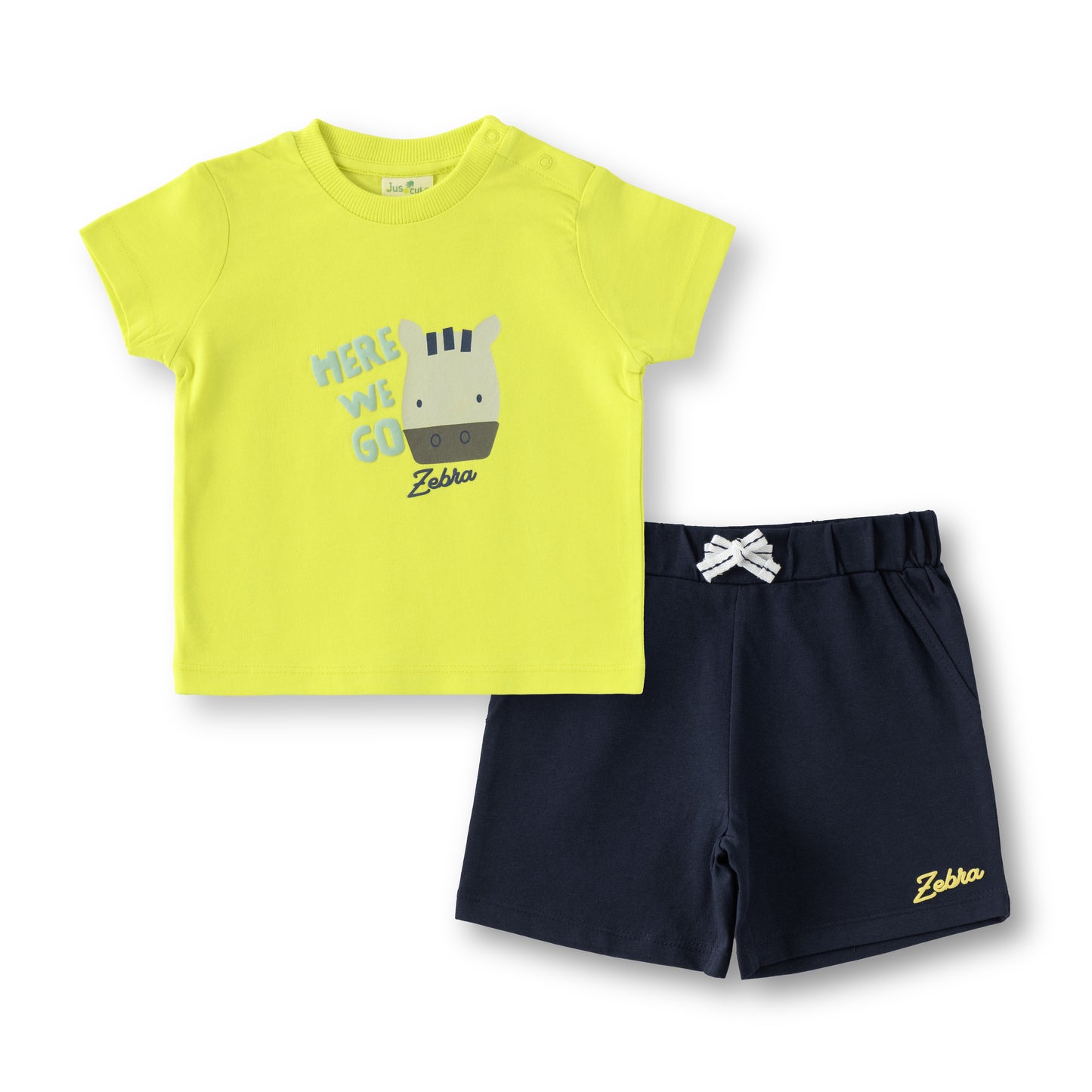 “Baby Boys Cotton T-Shirt & Shorts Set – Neon Green Zebra Print Top with Navy Bottoms”