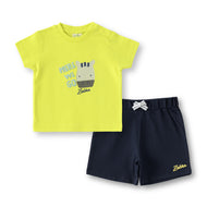 “Baby Boys Cotton T-Shirt & Shorts Set – Neon Green Zebra Print Top with Navy Bottoms”