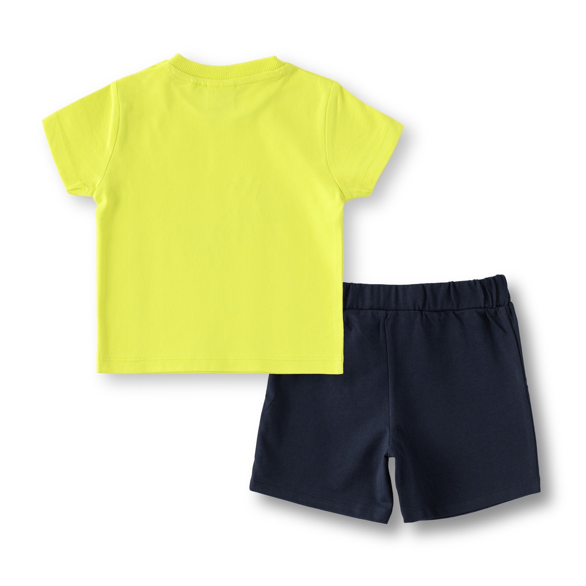 “Baby Boys Cotton T-Shirt & Shorts Set – Neon Green Zebra Print Top with Navy Bottoms”