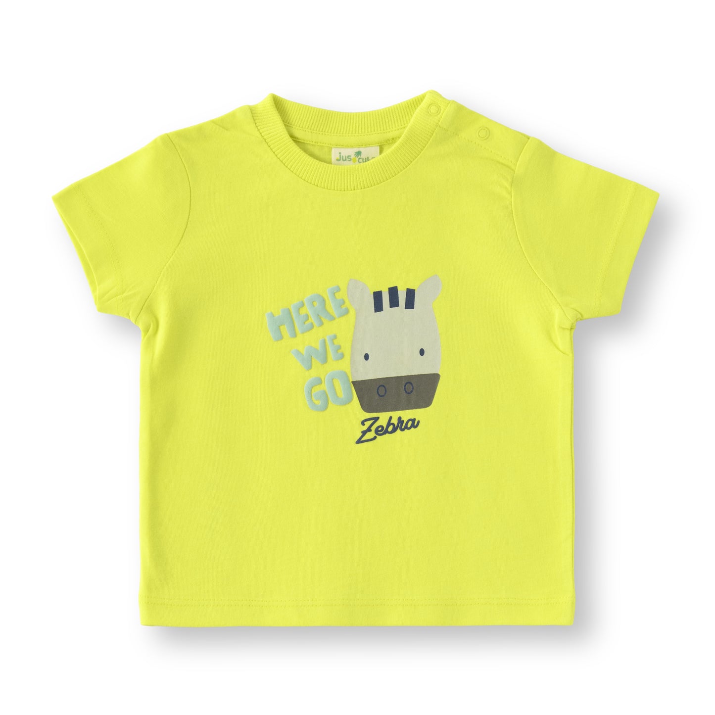“Baby Boys Cotton T-Shirt & Shorts Set – Neon Green Zebra Print Top with Navy Bottoms”