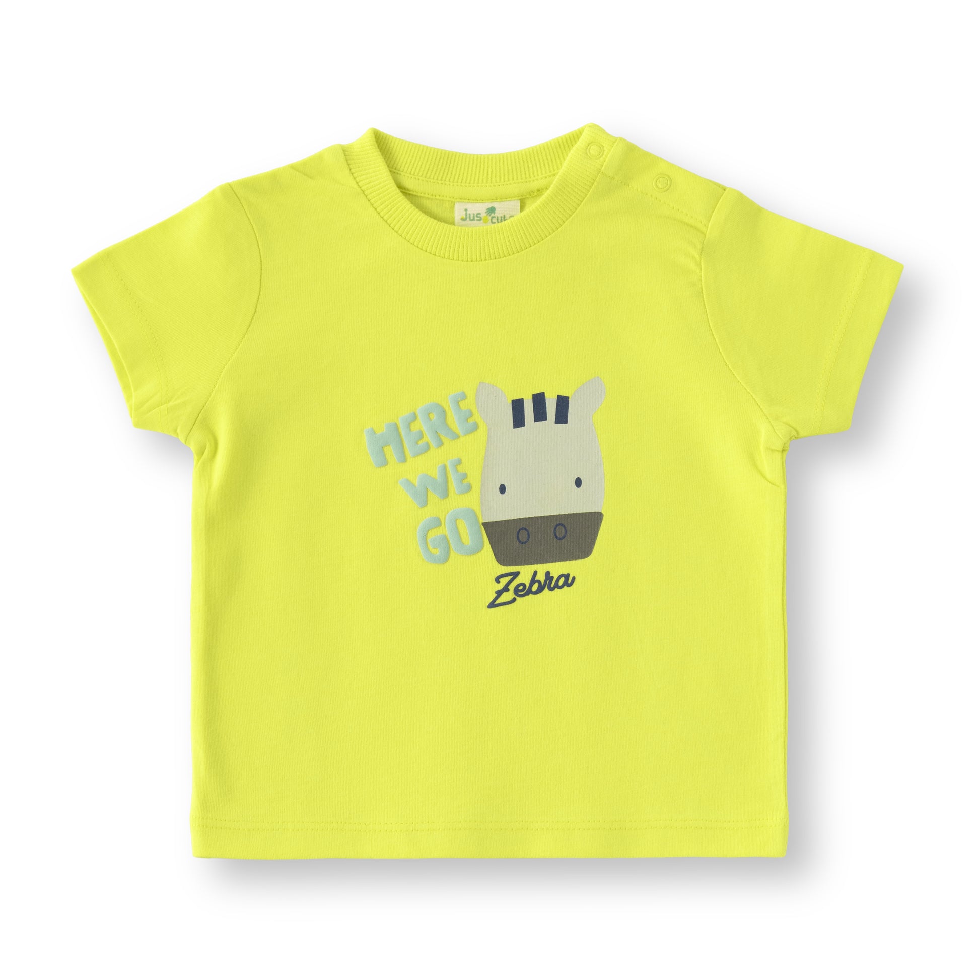 “Baby Boys Cotton T-Shirt & Shorts Set – Neon Green Zebra Print Top with Navy Bottoms”
