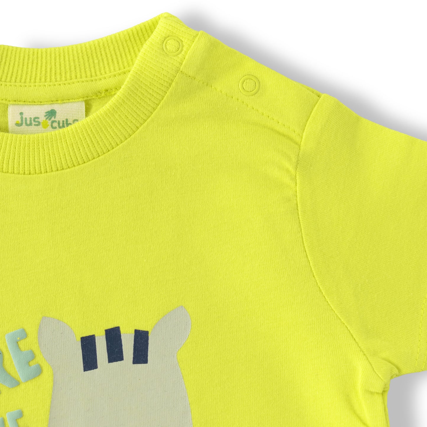 “Baby Boys Cotton T-Shirt & Shorts Set – Neon Green Zebra Print Top with Navy Bottoms”