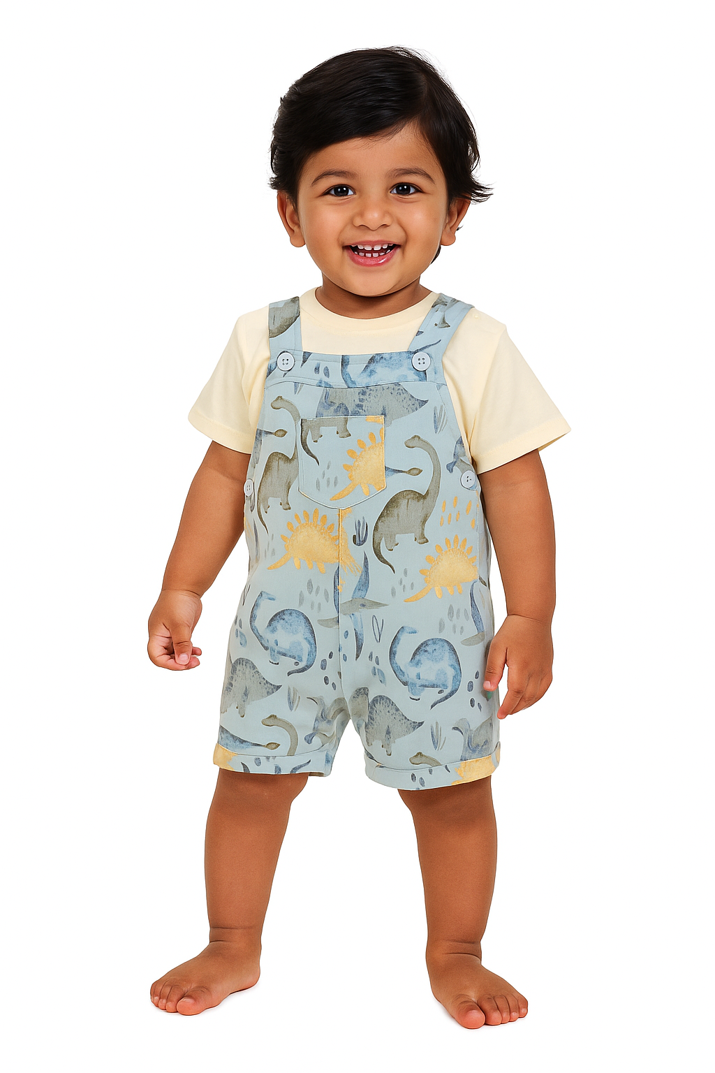“Baby Boys Cotton Dungaree with Inner T-Shirt – Blue Dinosaur Print”