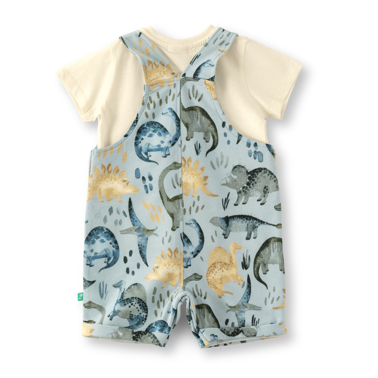“Baby Boys Cotton Dungaree with Inner T-Shirt – Blue Dinosaur Print”