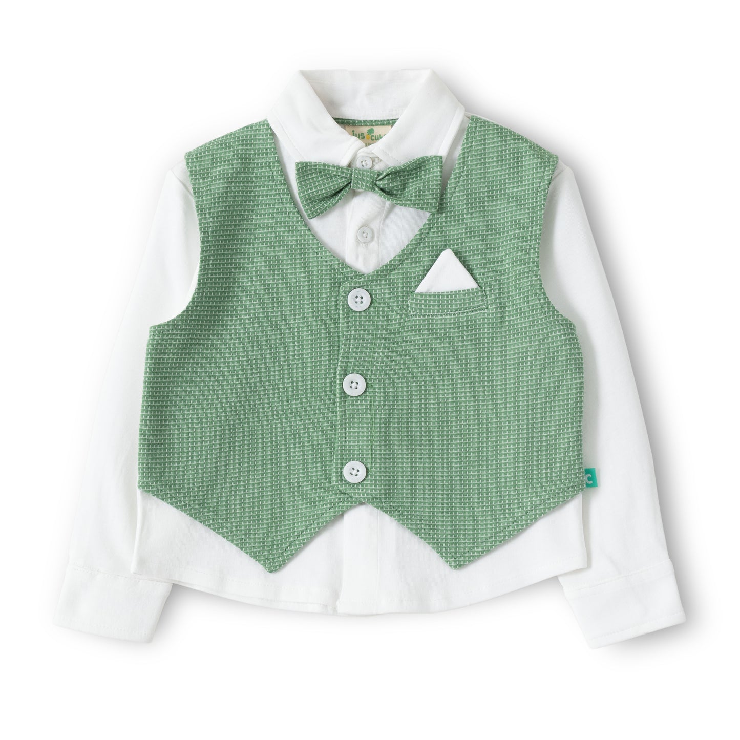 Baby Boys Green Party Wear 3-Piece Set – Shirt, Waistcoat & Bow Tie with Pants