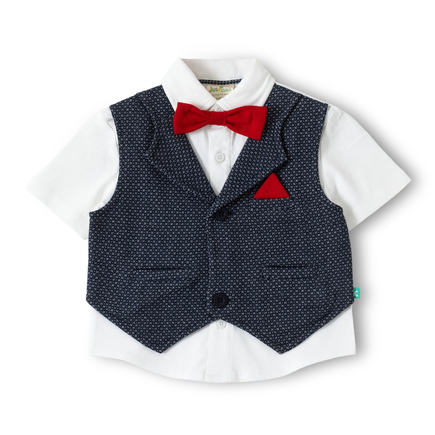 Baby Boys Navy Blue Party Wear 3-Piece Set – Shirt, Waistcoat, Bow Tie & Pants