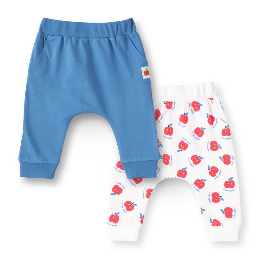 "Baby Boys 2-Pack Cotton Jogger Pants – Blue Solid & White Apple Print"