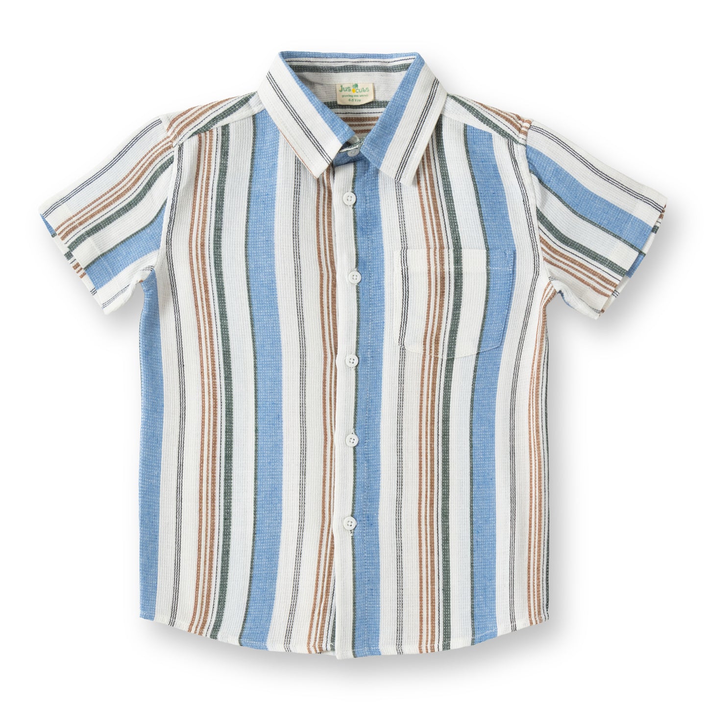 "Boys Cotton Shirt – Blue & Brown Multicolor Stripes with Pocket"