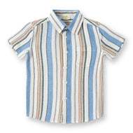 "Boys Cotton Shirt – Blue & Brown Multicolor Stripes with Pocket"