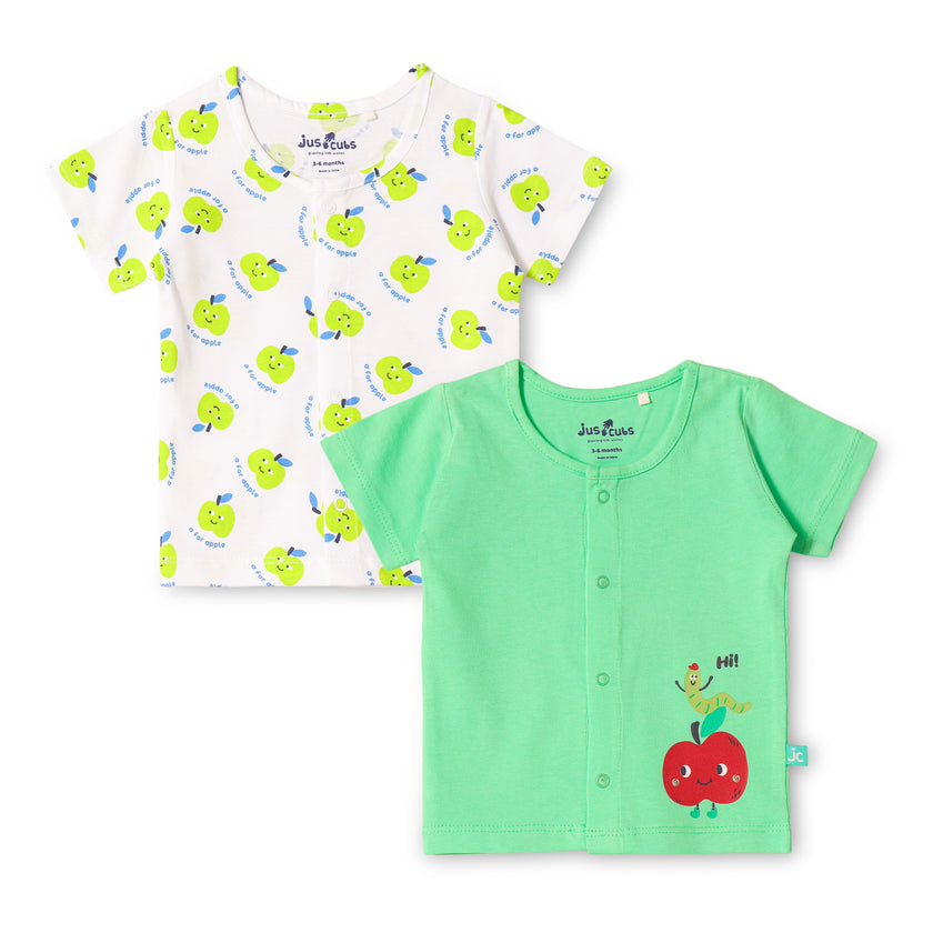 "Baby Boys Cotton Half Sleeve Front Open Jhabla Set – Apple Print (Pack of 2)"