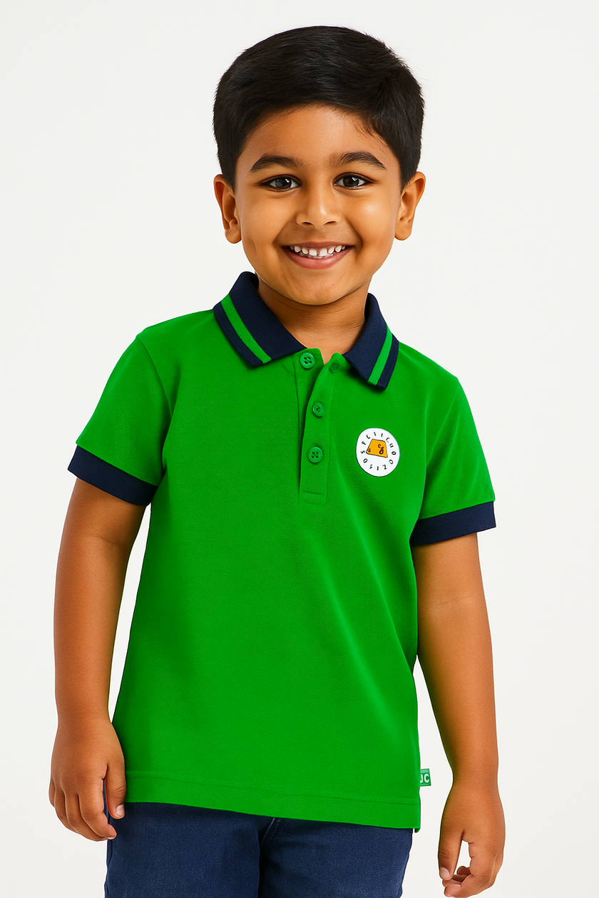 "Boys Casual Polo T-Shirt Green with Contrast Collar – Adventure Awaits Badge"