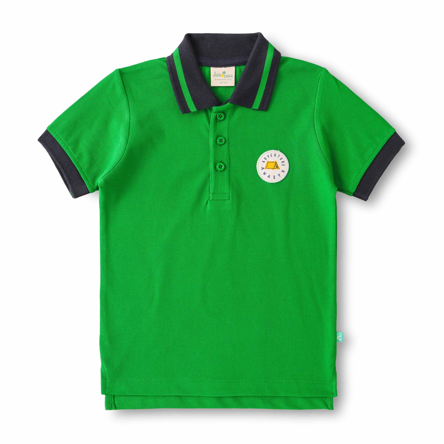 "Boys Casual Polo T-Shirt Green with Contrast Collar – Adventure Awaits Badge"