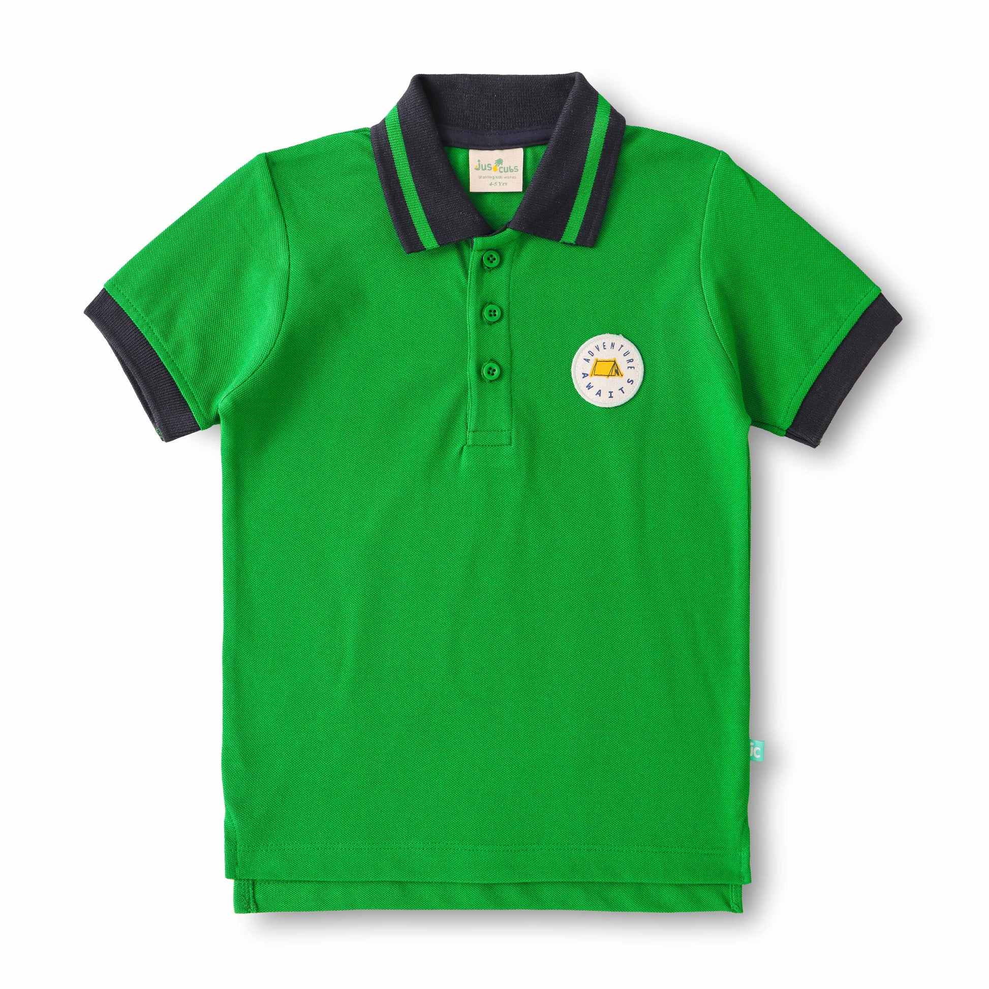 "Boys Casual Polo T-Shirt Green with Contrast Collar – Adventure Awaits Badge"