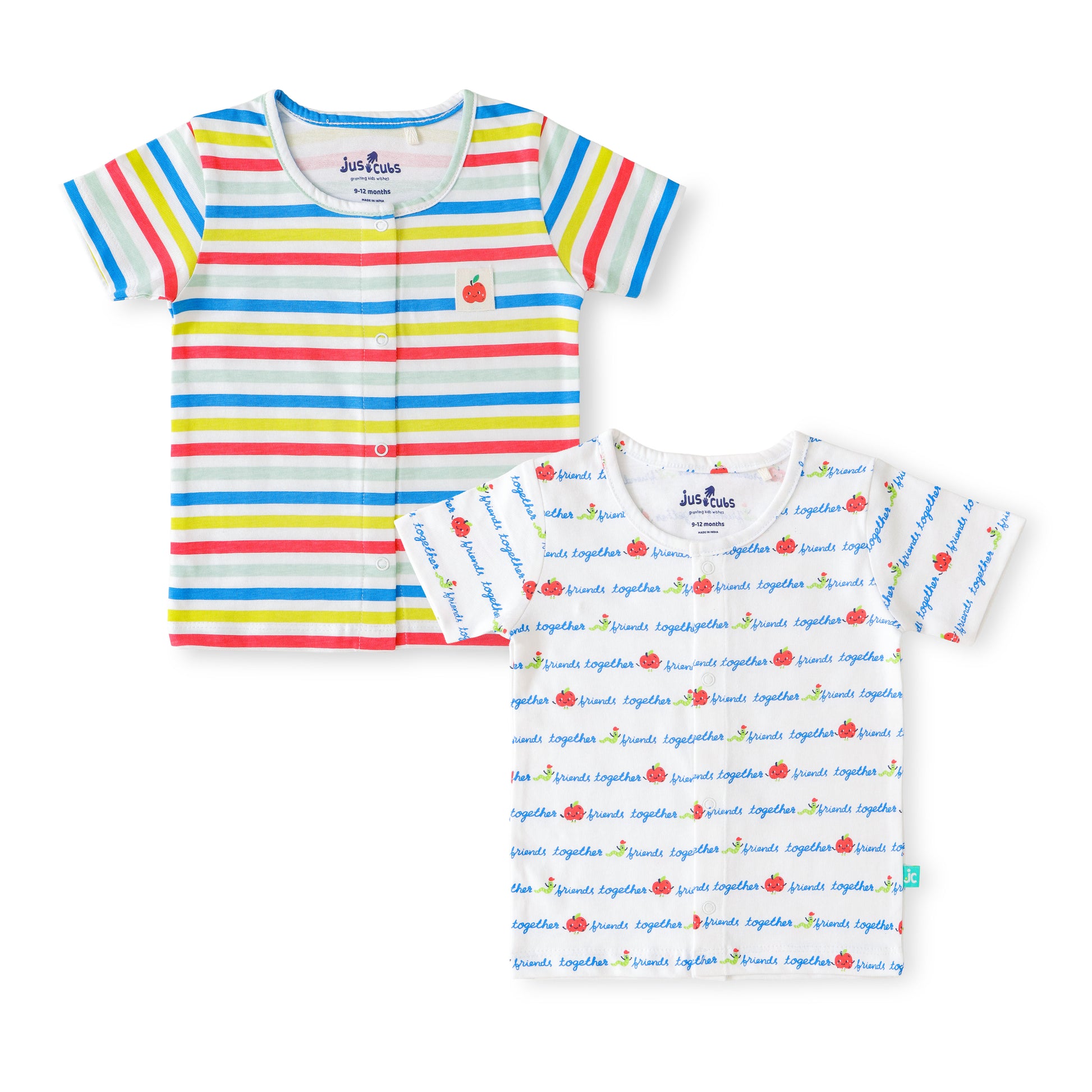 "Baby Boys Cotton Front Open Jhabla – Friends Together & Multicolor Stripe Print (Pack of 2)"