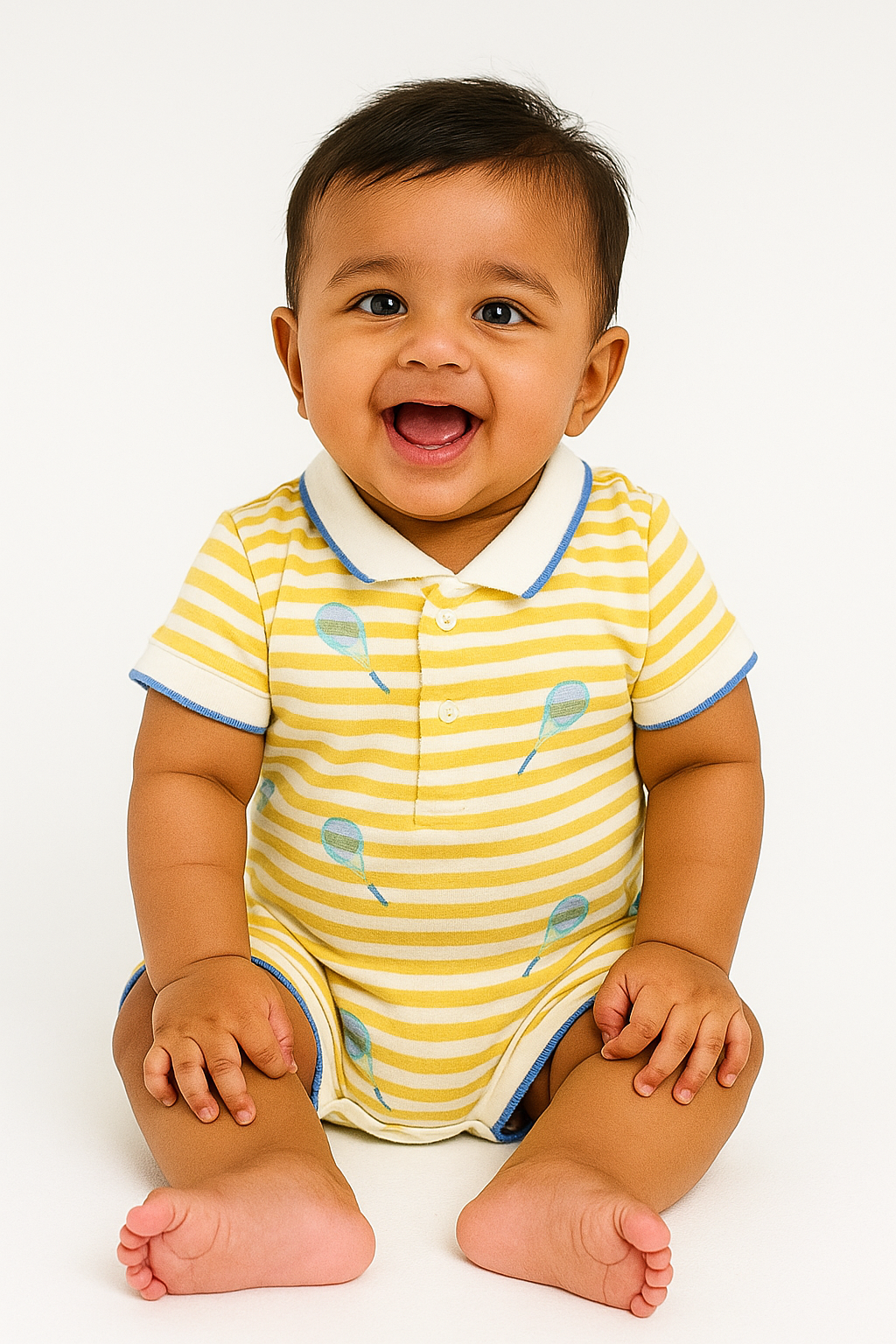 "Baby Boys’ Yellow Striped Polo Romper – Tennis Racket Print"
