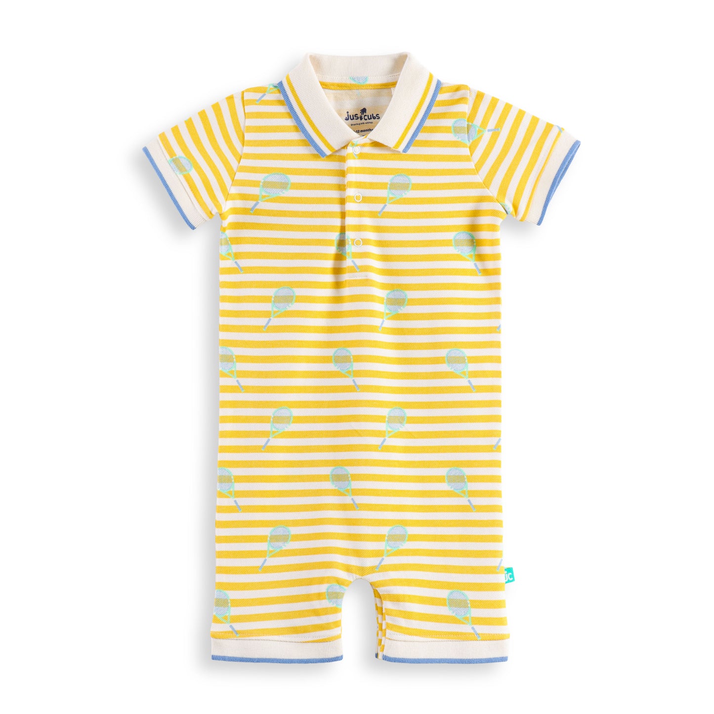 "Baby Boys’ Yellow Striped Polo Romper – Tennis Racket Print"