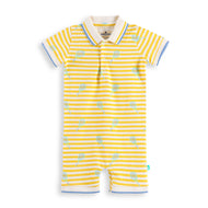 "Baby Boys’ Yellow Striped Polo Romper – Tennis Racket Print"