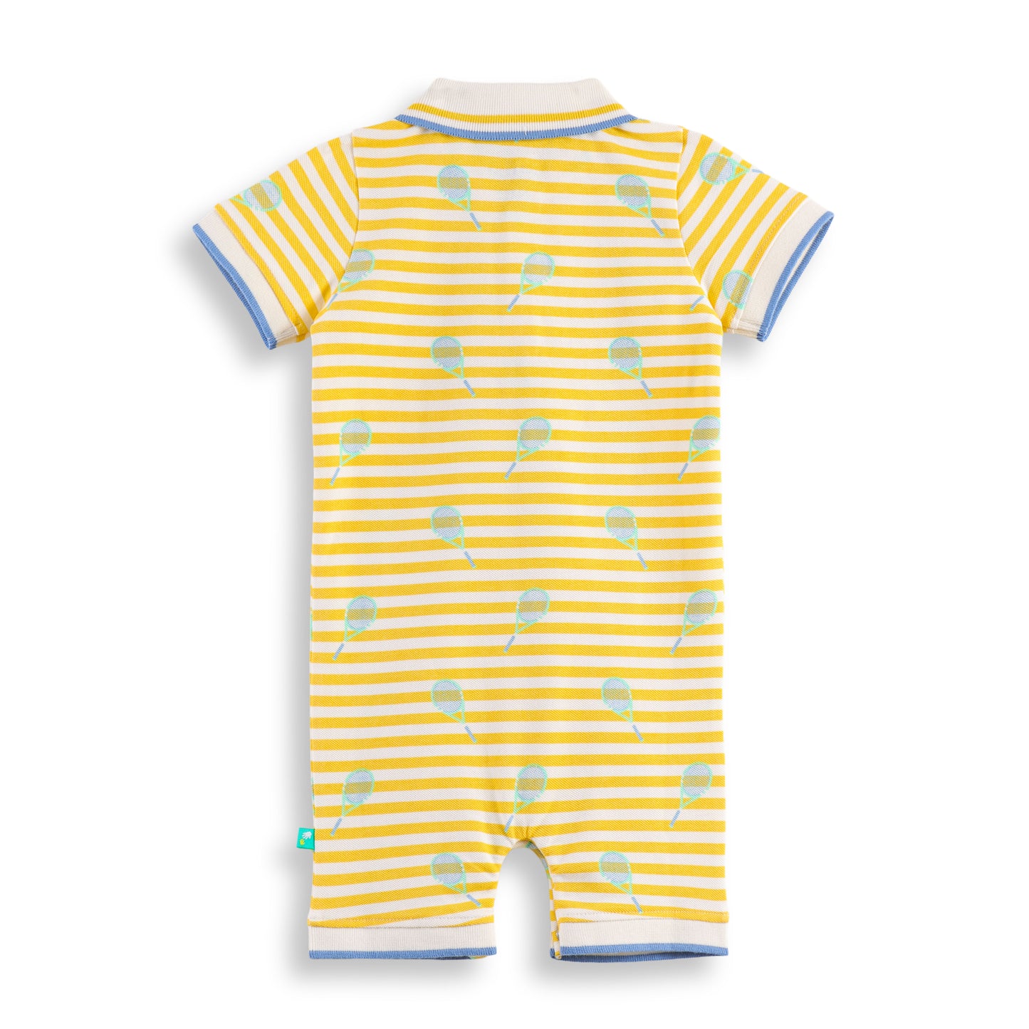 "Baby Boys’ Yellow Striped Polo Romper – Tennis Racket Print"
