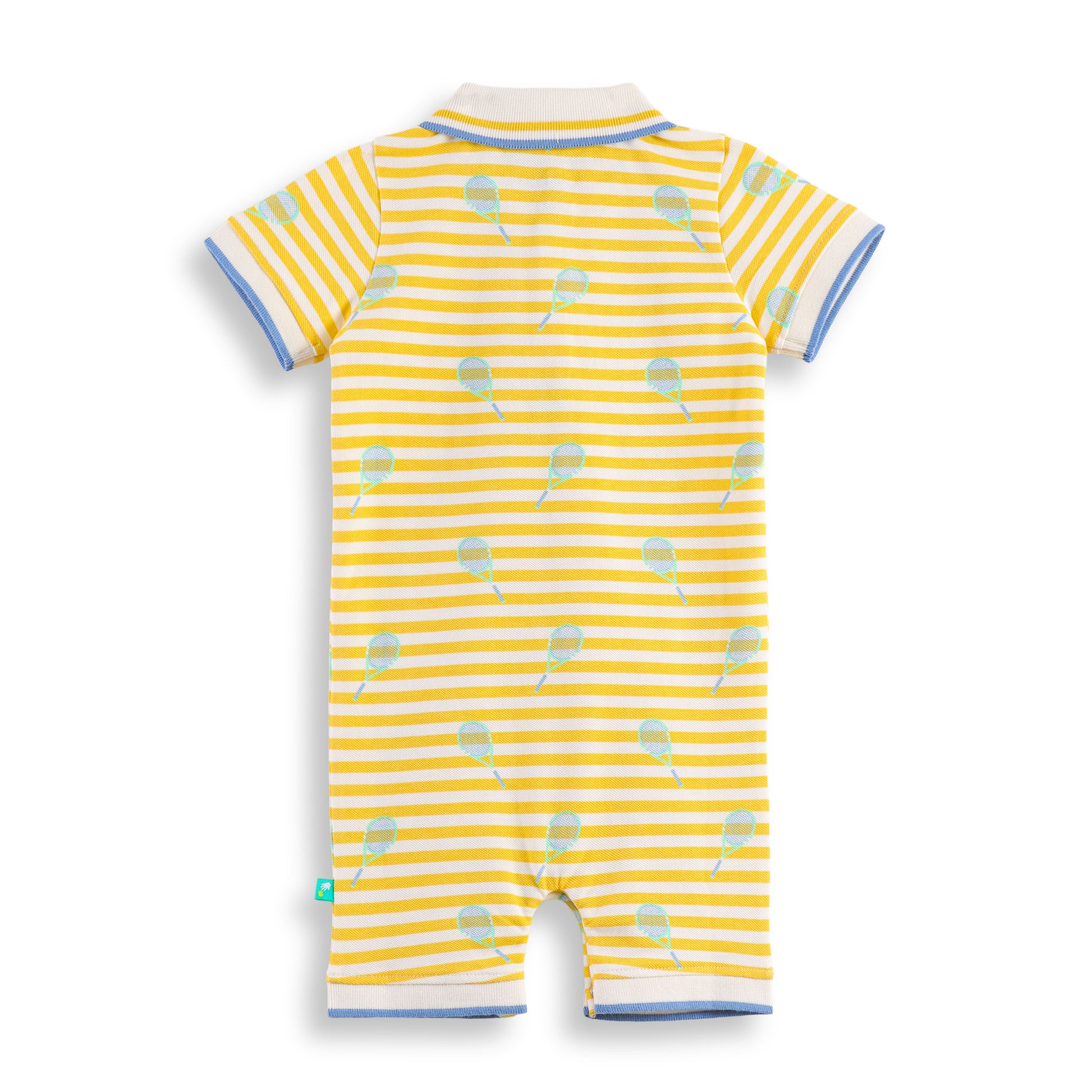 "Baby Boys’ Yellow Striped Polo Romper – Tennis Racket Print"