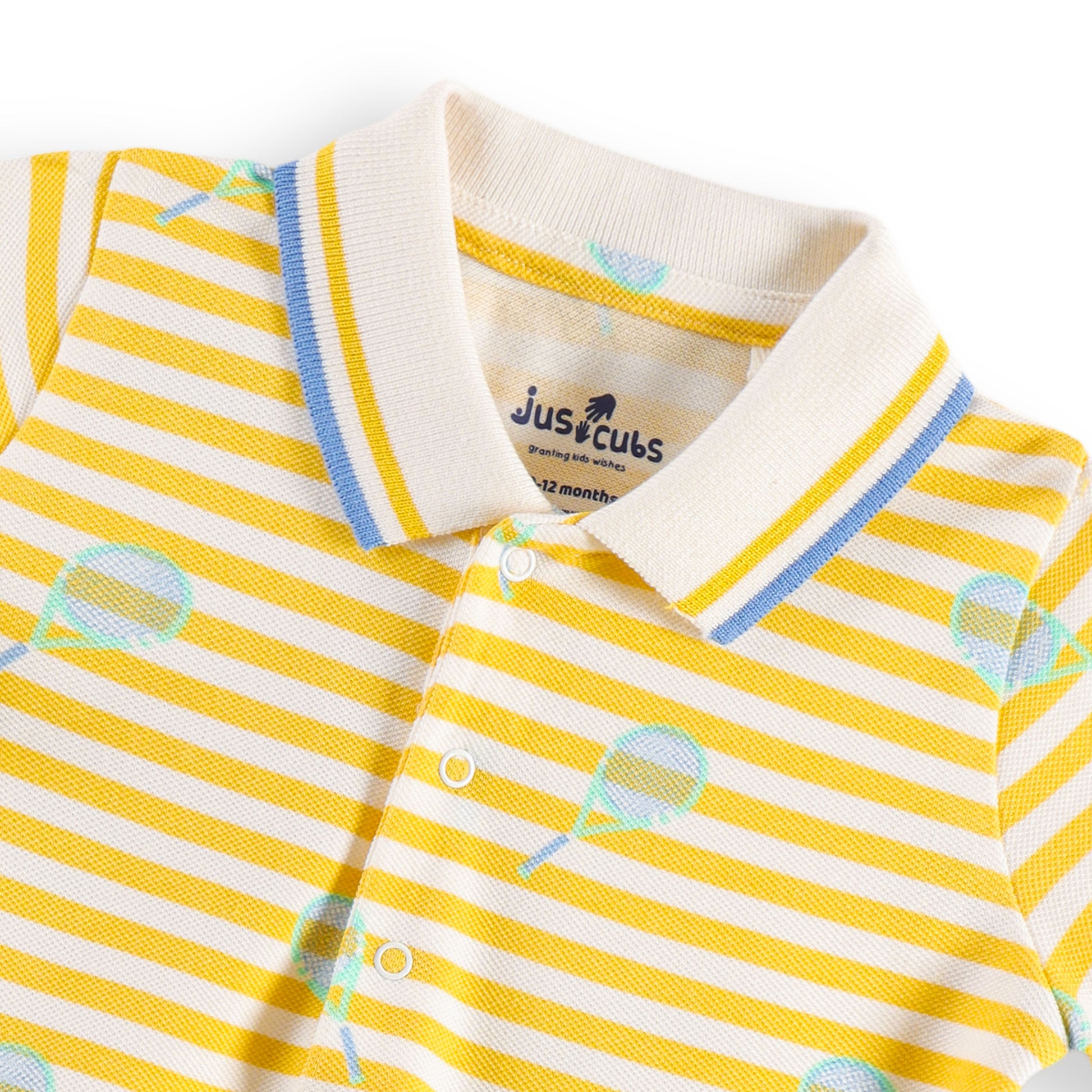 "Baby Boys’ Yellow Striped Polo Romper – Tennis Racket Print"
