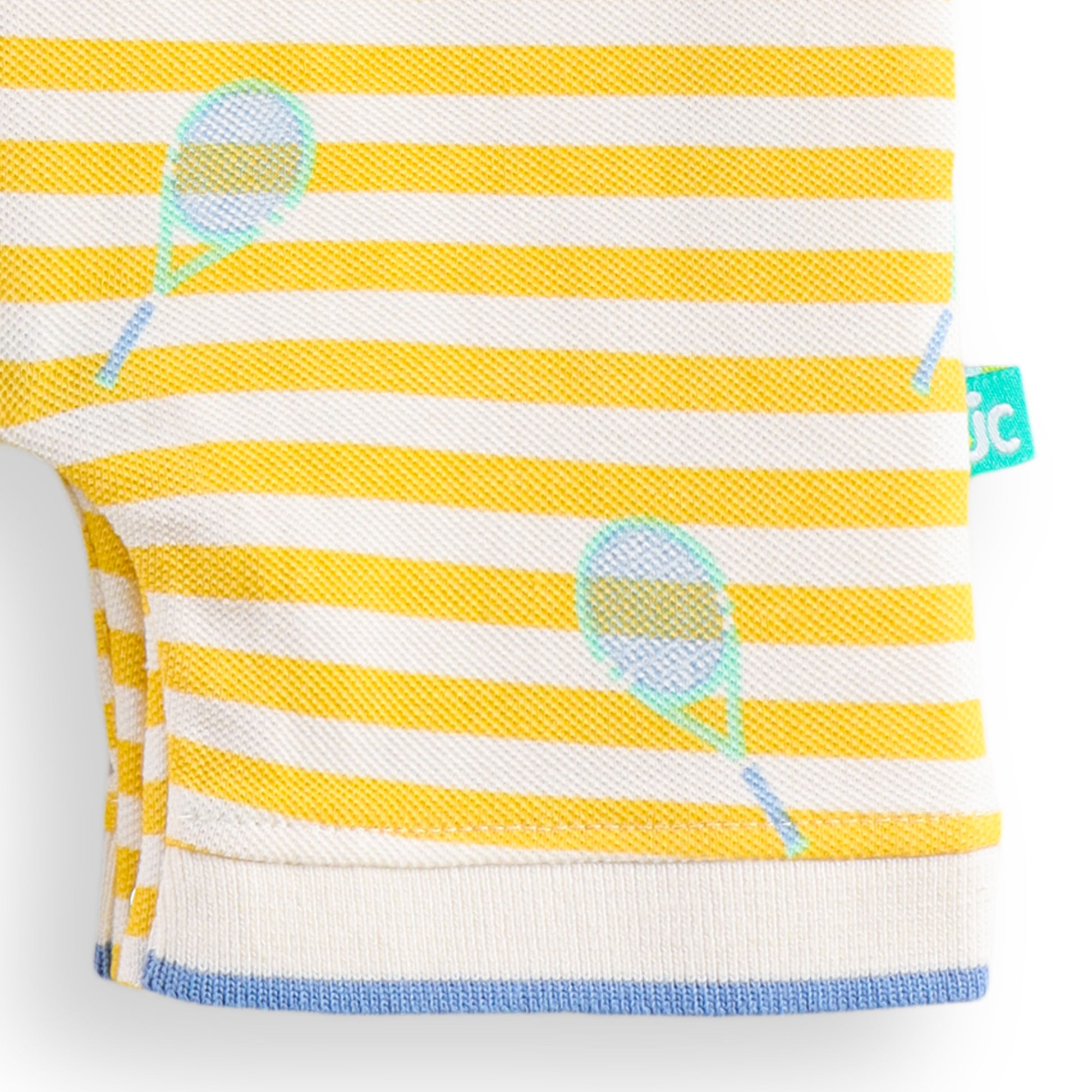 "Baby Boys’ Yellow Striped Polo Romper – Tennis Racket Print"