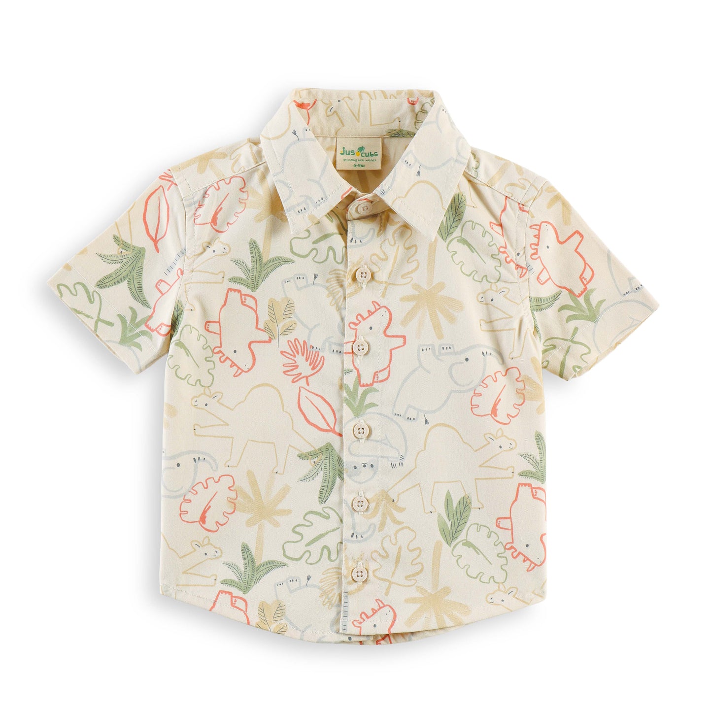 “Baby Boys Cream Dinosaur Print Cotton Shirt & Shorts Co-Ord Set – Soft, Breathable Summer Wear Outfit"