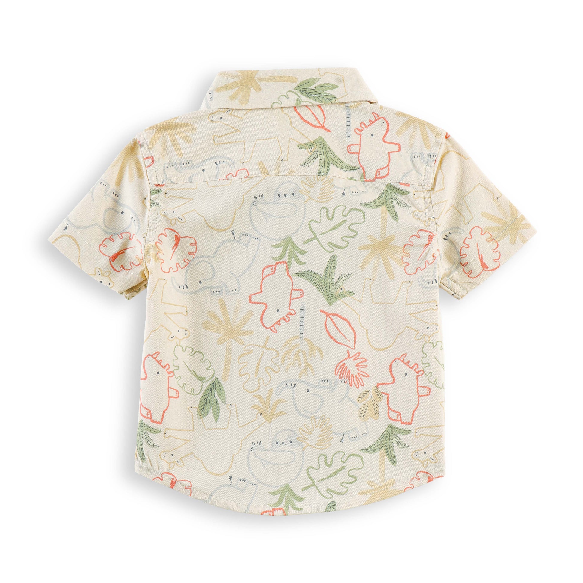 “Baby Boys Cream Dinosaur Print Cotton Shirt & Shorts Co-Ord Set – Soft, Breathable Summer Wear Outfit"