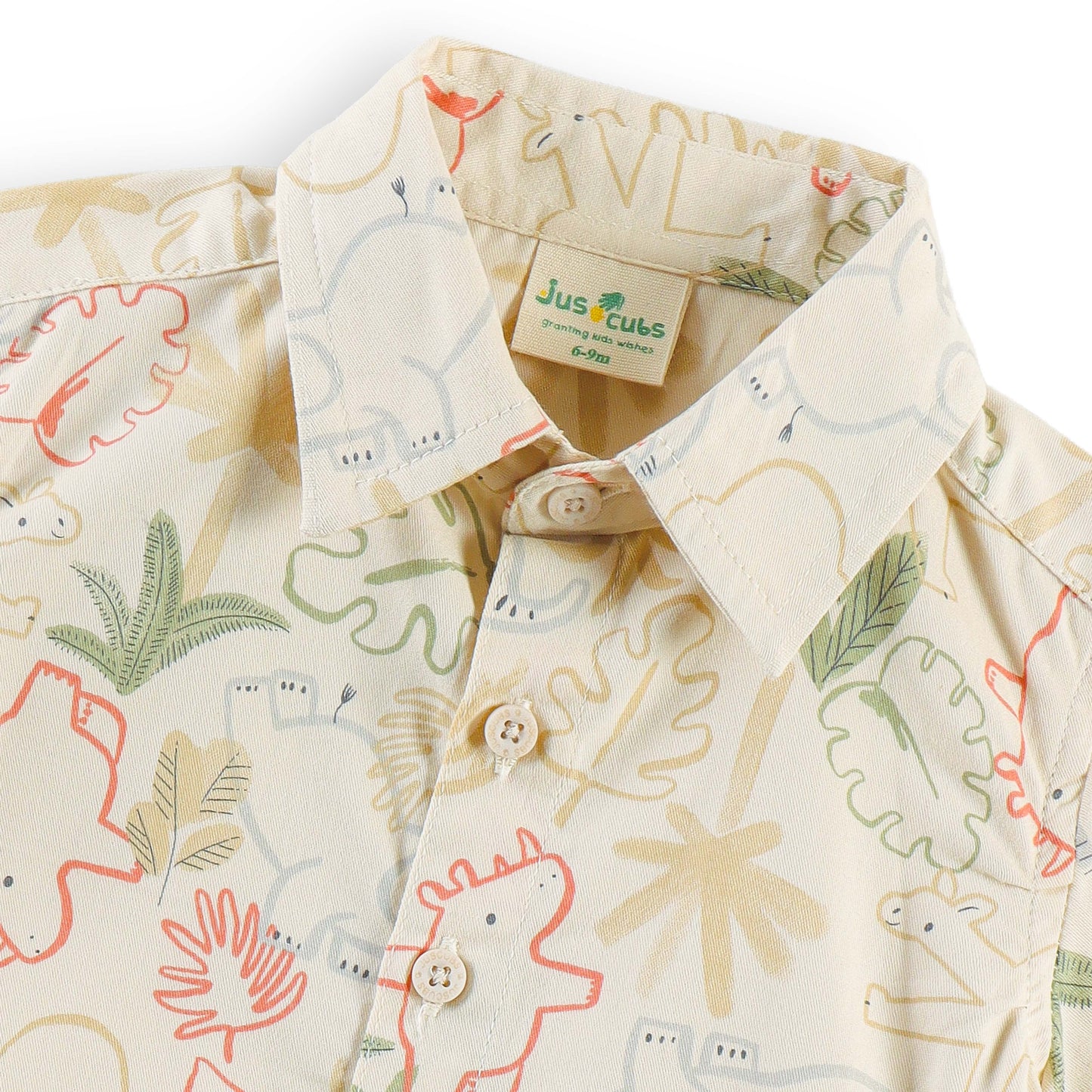 “Baby Boys Cream Dinosaur Print Cotton Shirt & Shorts Co-Ord Set – Soft, Breathable Summer Wear Outfit"