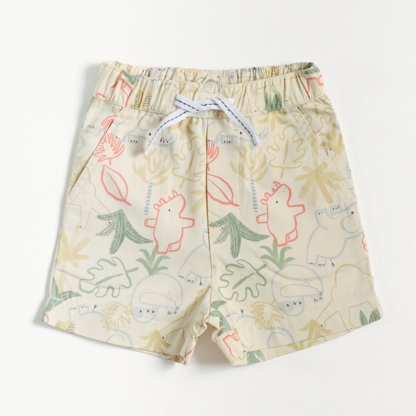 “Baby Boys Cream Dinosaur Print Cotton Shirt & Shorts Co-Ord Set – Soft, Breathable Summer Wear Outfit"