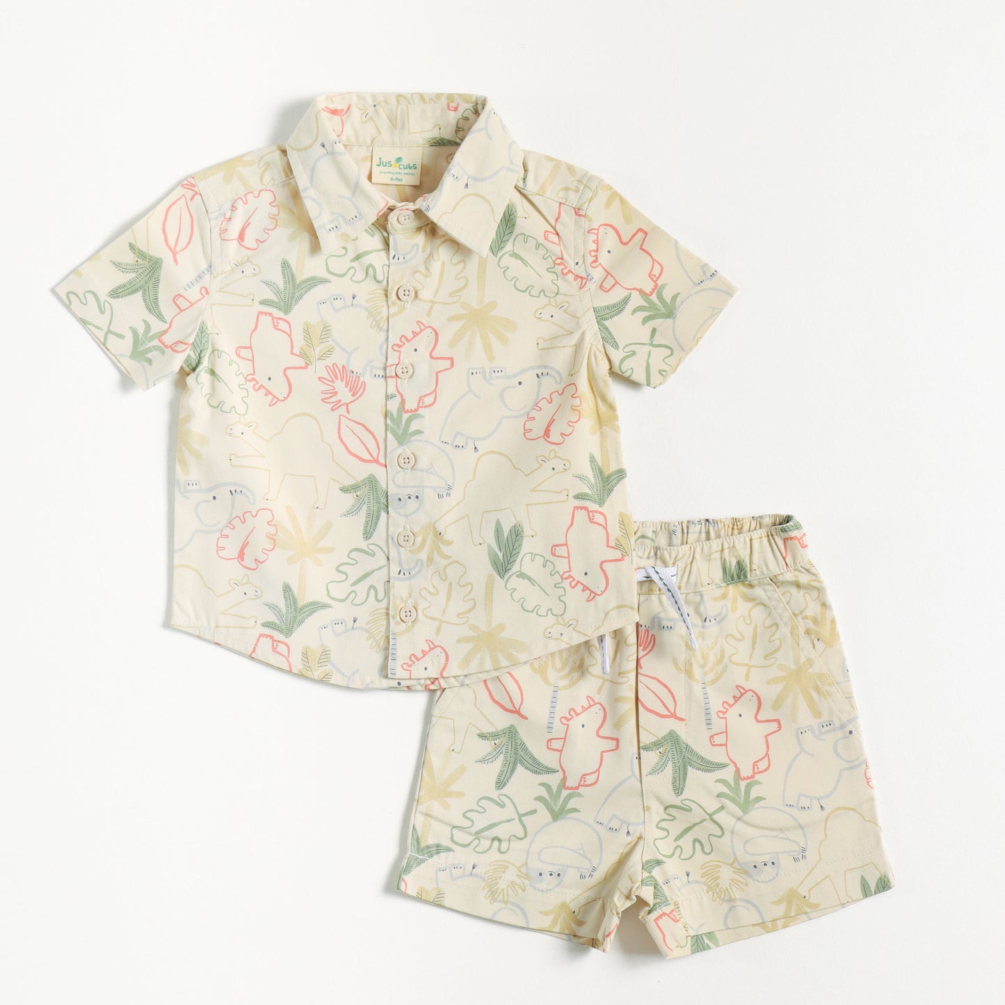 “Baby Boys Cream Dinosaur Print Cotton Shirt & Shorts Co-Ord Set – Soft, Breathable Summer Wear Outfit"