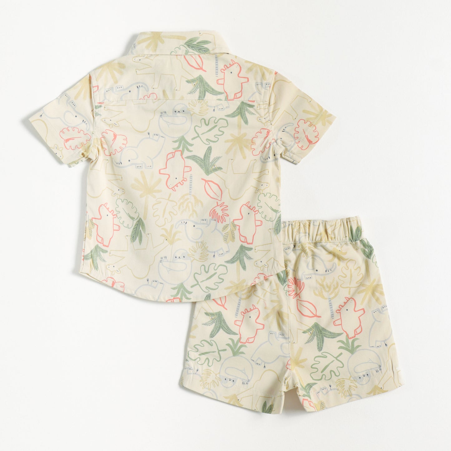 “Baby Boys Cream Dinosaur Print Cotton Shirt & Shorts Co-Ord Set – Soft, Breathable Summer Wear Outfit"