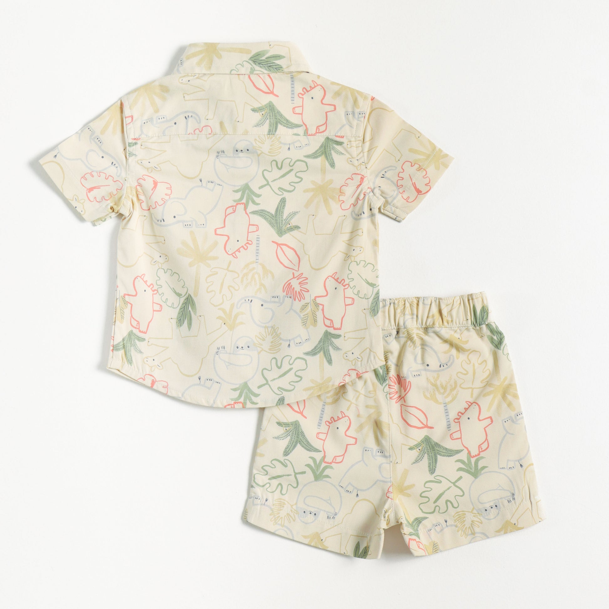 “Baby Boys Cream Dinosaur Print Cotton Shirt & Shorts Co-Ord Set – Soft, Breathable Summer Wear Outfit"