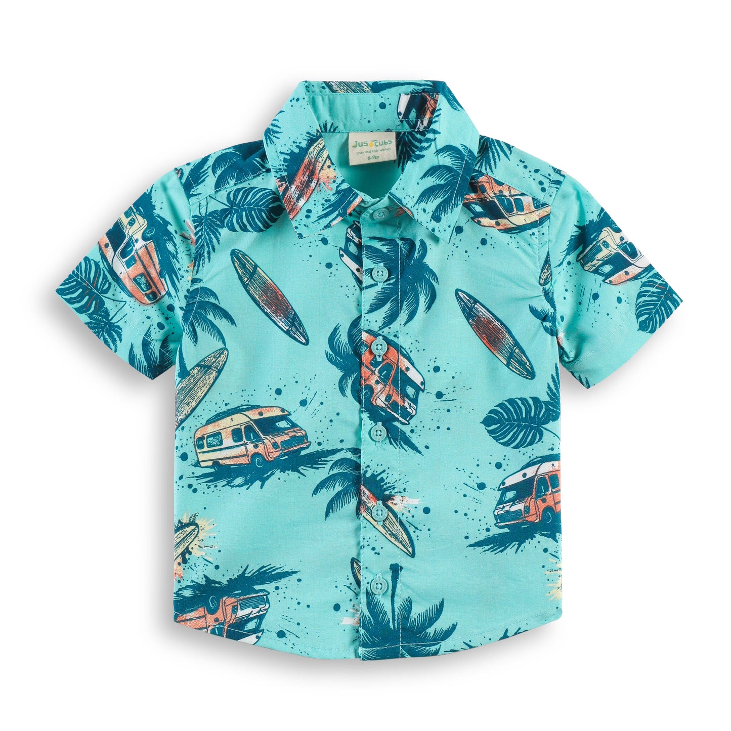 "Baby Boys Aqua Beach Surf Van Print Cotton Shirt & Shorts Co-Ord Set – Soft & Stylish Summer Outfit"
