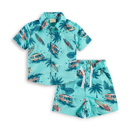 "Baby Boys Aqua Beach Surf Van Print Cotton Shirt & Shorts Co-Ord Set – Soft & Stylish Summer Outfit"