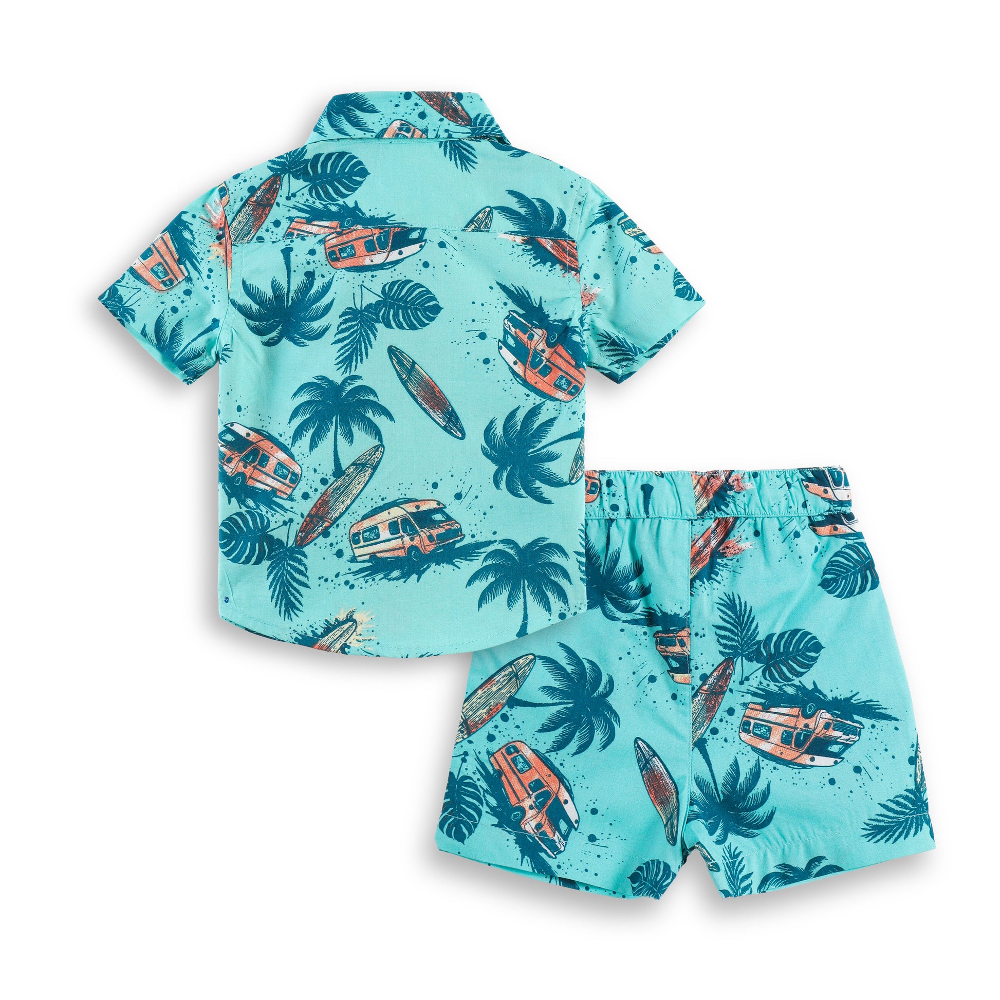 "Baby Boys Aqua Beach Surf Van Print Cotton Shirt & Shorts Co-Ord Set – Soft & Stylish Summer Outfit"
