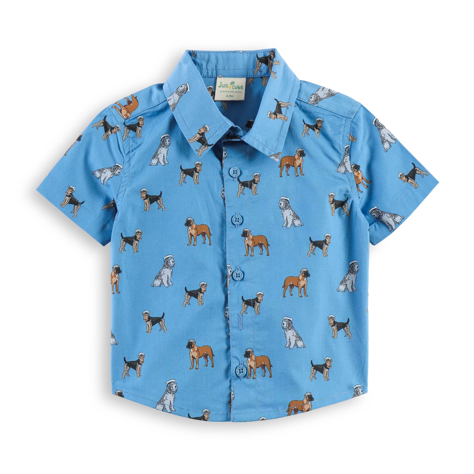 “Baby Boys Blue Dog Print Cotton Shirt & Shorts Co-Ord Set – Soft, Breathable & Stylish Summer Outfit"