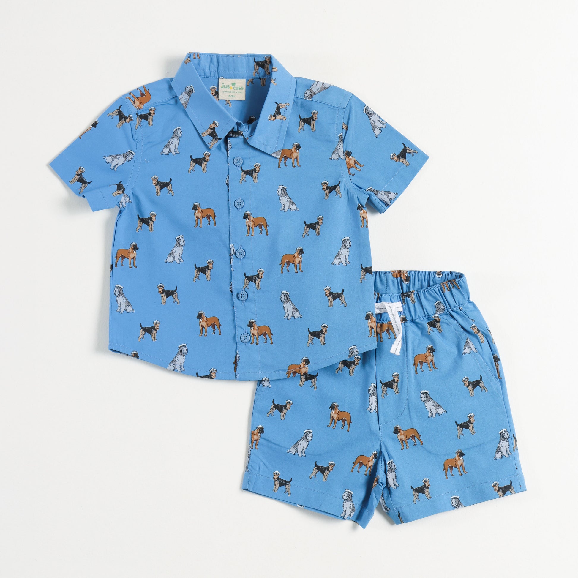 “Baby Boys Blue Dog Print Cotton Shirt & Shorts Co-Ord Set – Soft, Breathable & Stylish Summer Outfit"